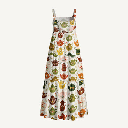 Tea Party Teapots Print Wide Straps Maxi Dress With Pockets