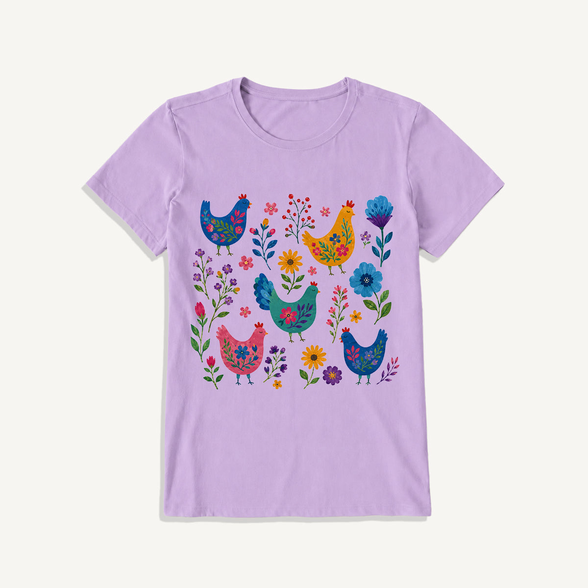 Colorful Folk Hens Print Crew Neck Cotton Tee