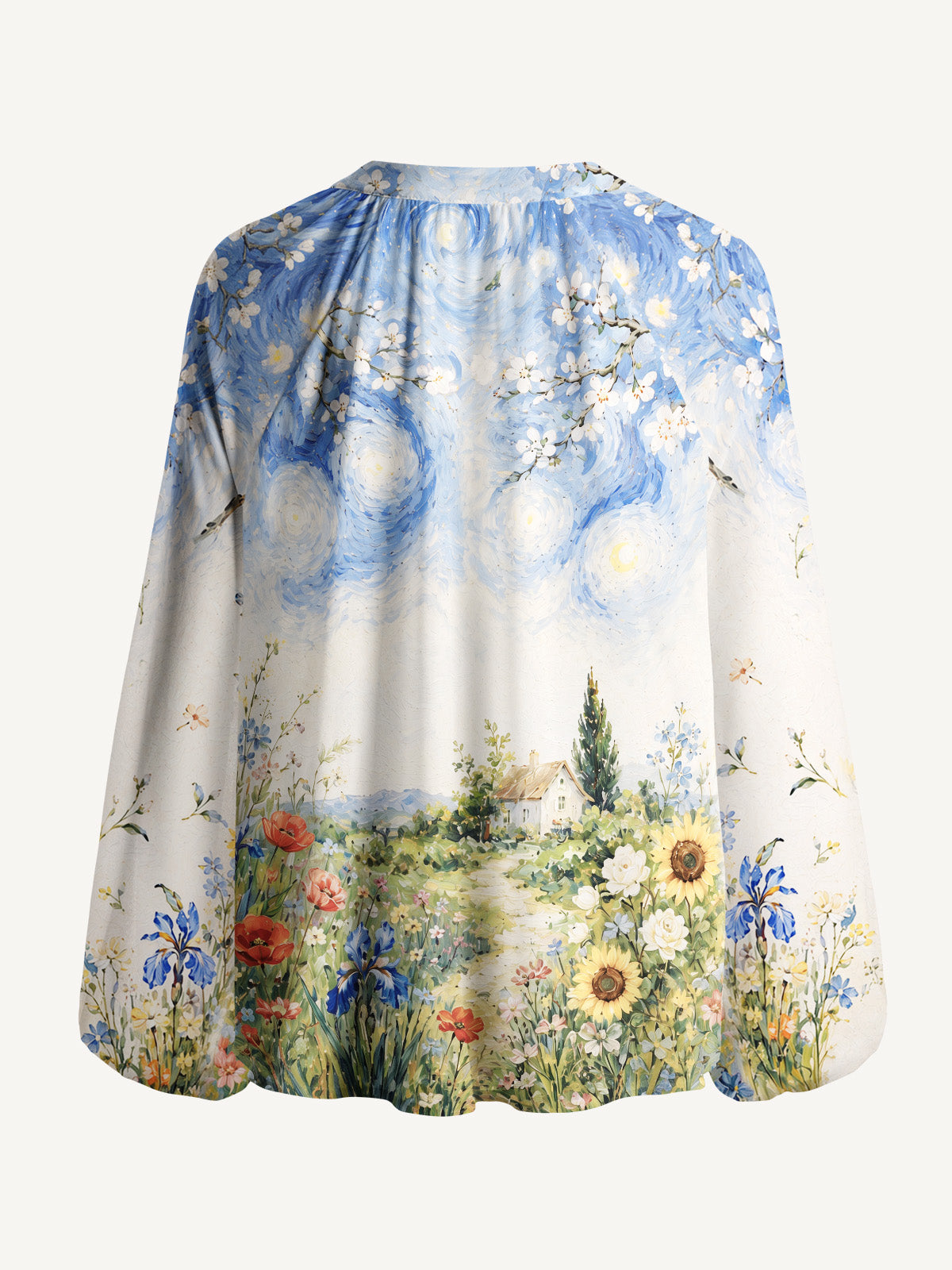 Starlit Flower Pat Print Boho Long Sleeve Tie‑Neck Blouse