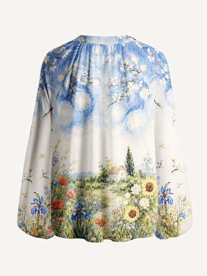 Starlit Flower Pat Print Boho Long Sleeve Tie‑Neck Blouse
