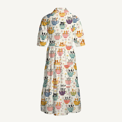 V Neck Collared Perler Bead Cat Print Casual Midi Dress With Pockets