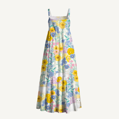 Pastel Meadow Cat Print Wide Straps Maxi Dress With Pockets