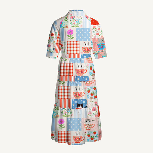 V Neck Collared Teatime Kitty Patchwork Print Casual Midi Dress With Pockets