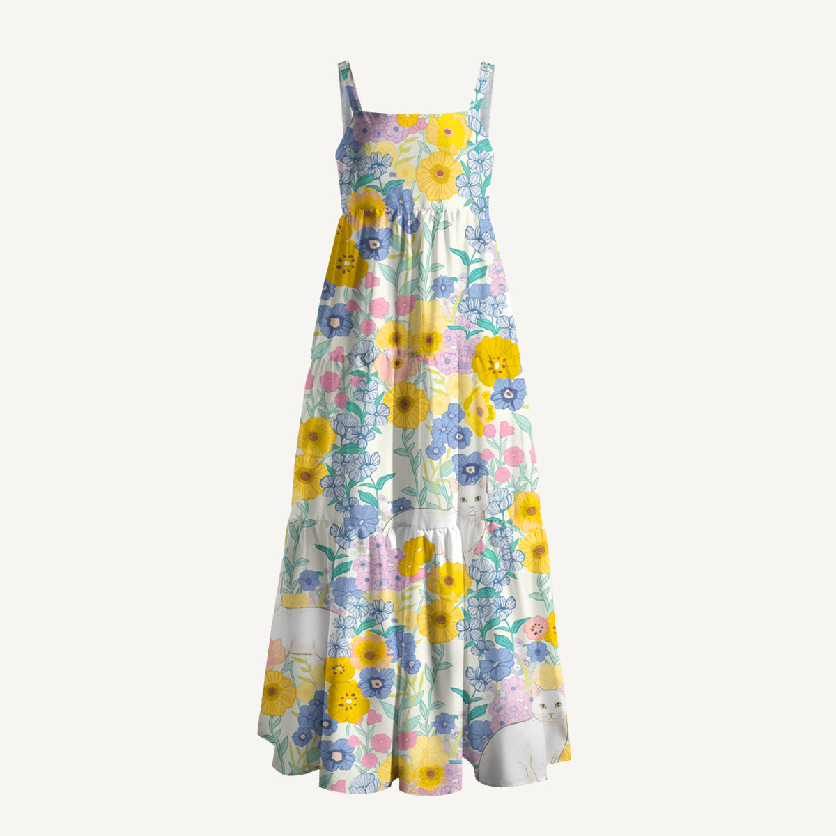 Pastel Meadow Cat Print Wide Straps Maxi Dress With Pockets