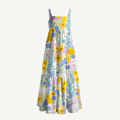 Pastel Meadow Cat Print Wide Straps Maxi Dress With Pockets