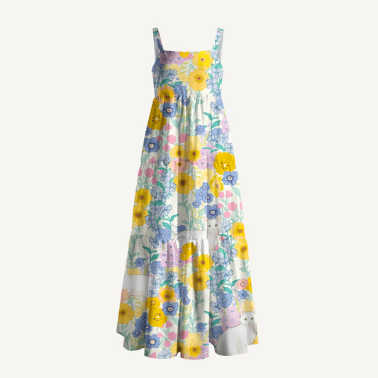 Pastel Meadow Cat Print Wide Straps Maxi Dress With Pockets