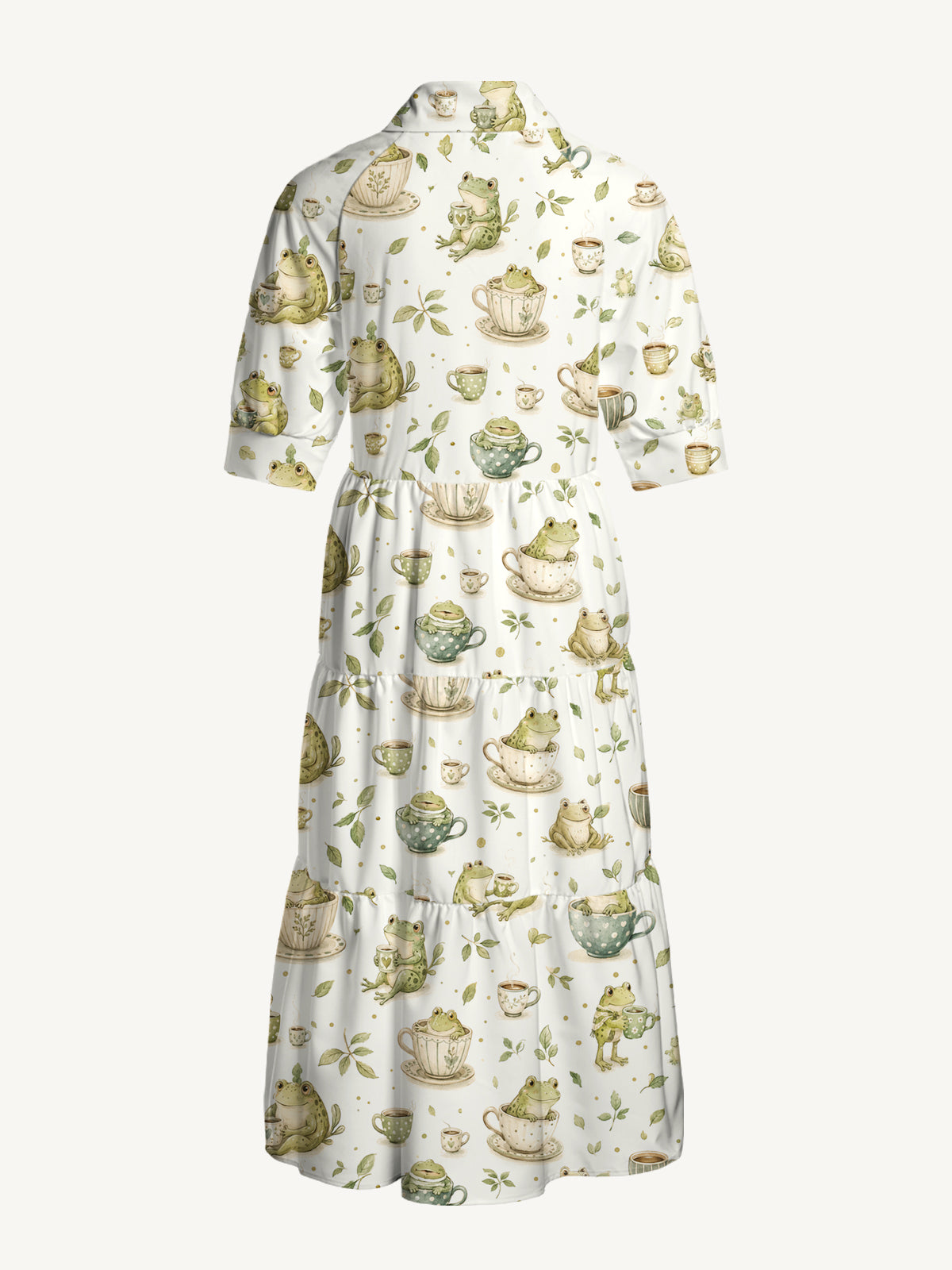 V Neck Collared Whimsical Frogs and Teacups Print Casual Midi Dress With Pockets