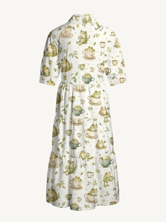 V Neck Collared Whimsical Frogs and Teacups Print Casual Midi Dress With Pockets