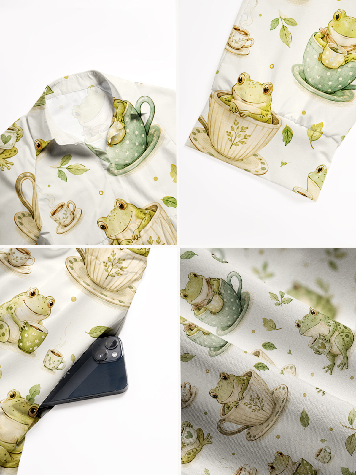 V Neck Collared Whimsical Frogs and Teacups Print Casual Midi Dress With Pockets
