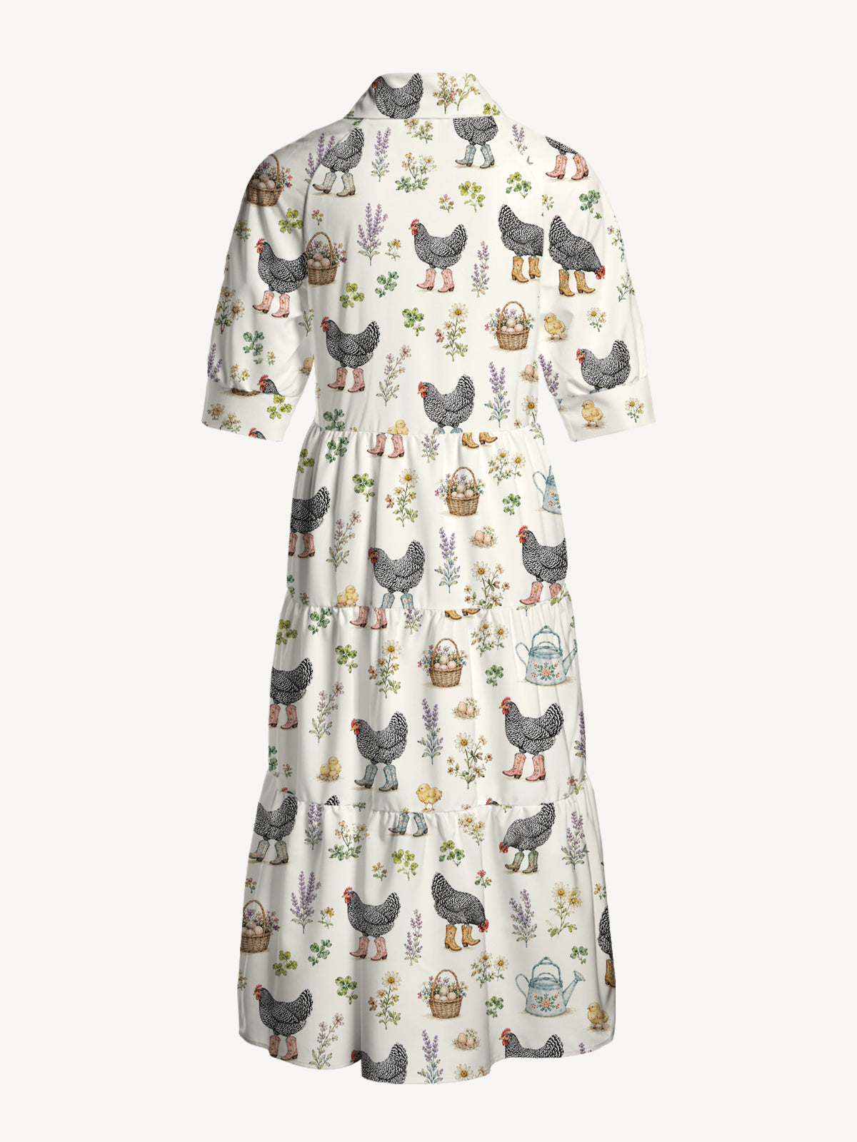 V Neck Collared Booted Chickens Print Casual Midi Dress With Pockets