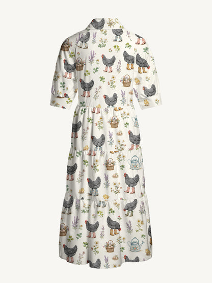 V Neck Collared Booted Chickens Print Casual Midi Dress With Pockets