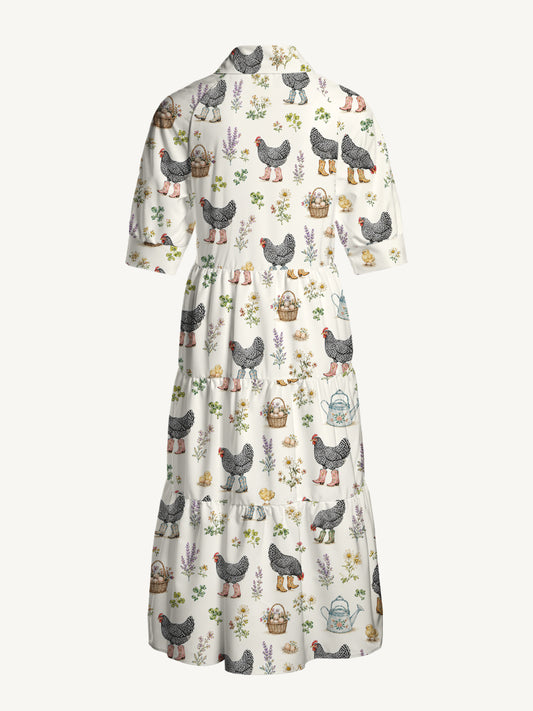 V Neck Collared Booted Chickens Print Casual Midi Dress With Pockets