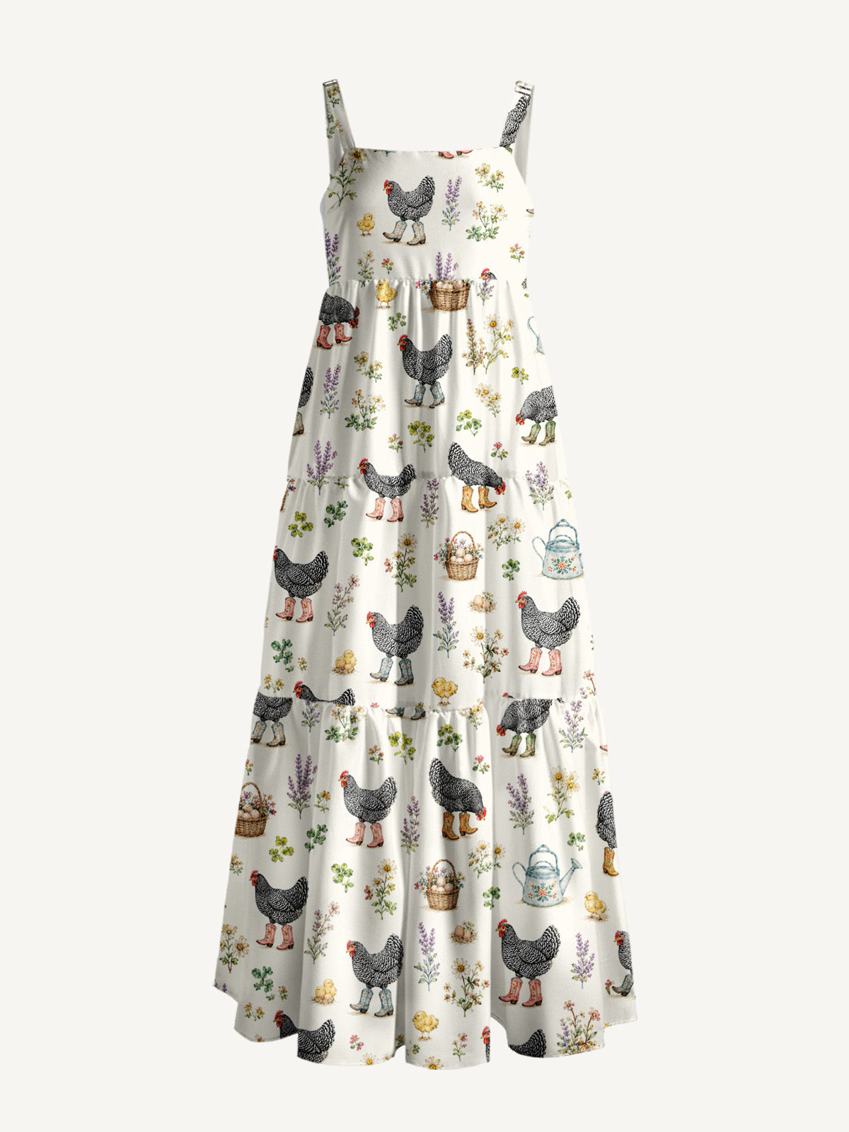 Booted Chickens Print Wide Straps Maxi Dress With Pockets