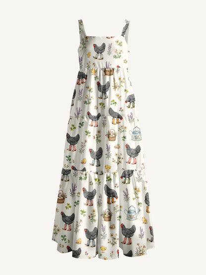 Booted Chickens Print Wide Straps Maxi Dress With Pockets