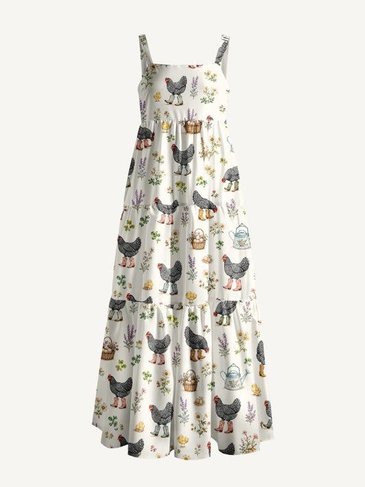 Booted Chickens Print Wide Straps Maxi Dress With Pockets