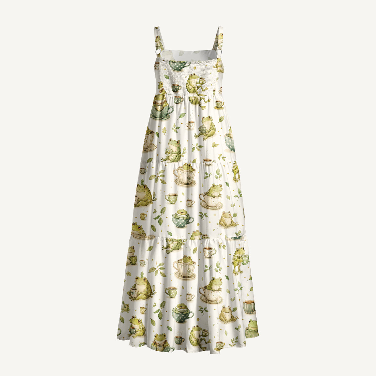 Whimsical Frogs and Teacups Print Wide Straps Maxi Dress With Pockets