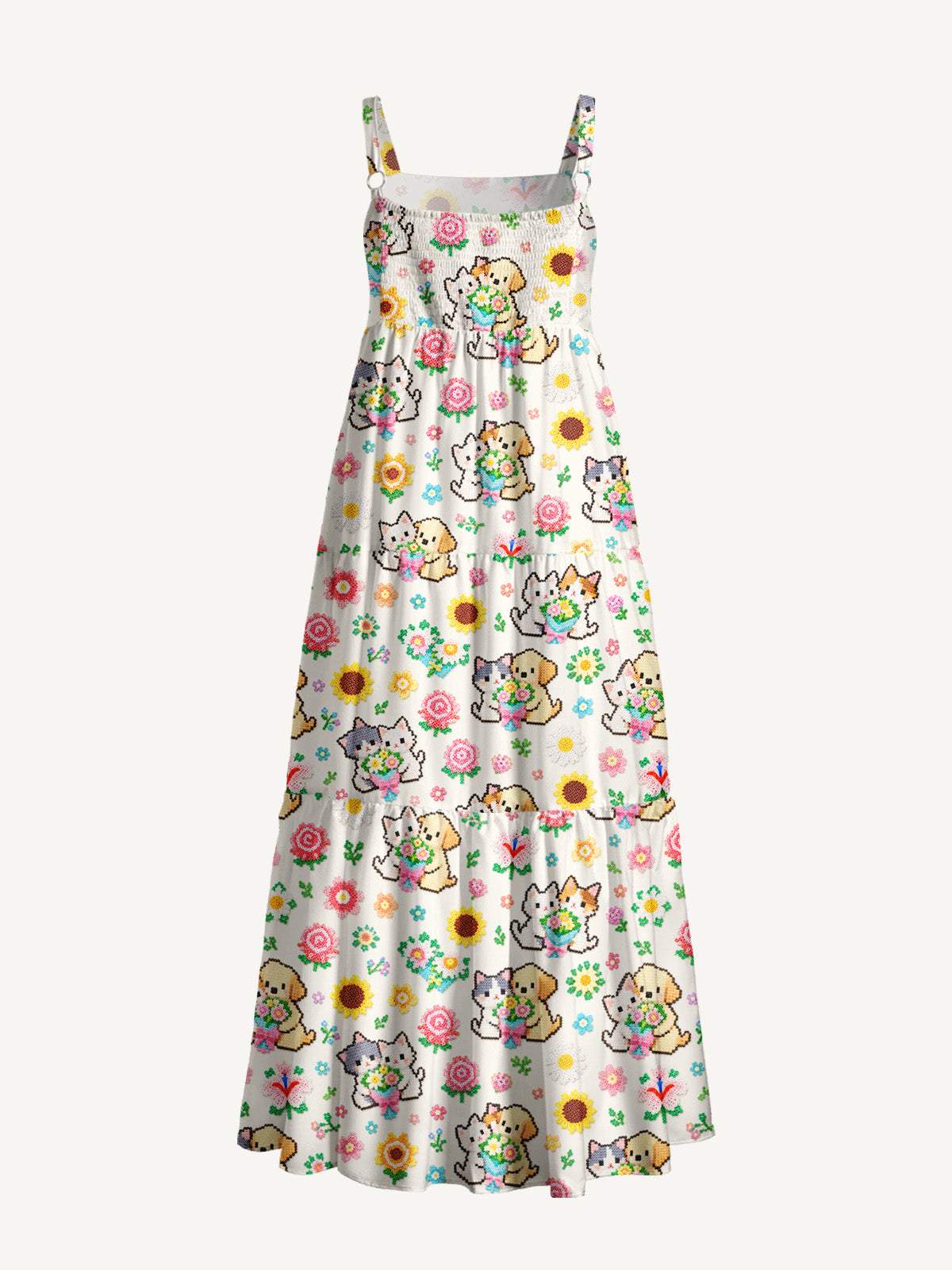 Perler Bead Flower Cat Dog Print Wide Straps Maxi Dress With Pockets