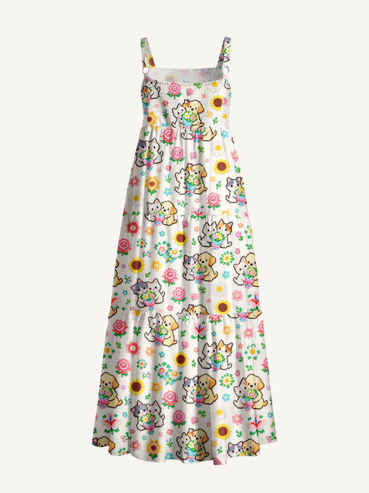 Perler Bead Flower Cat Dog Print Wide Straps Maxi Dress With Pockets