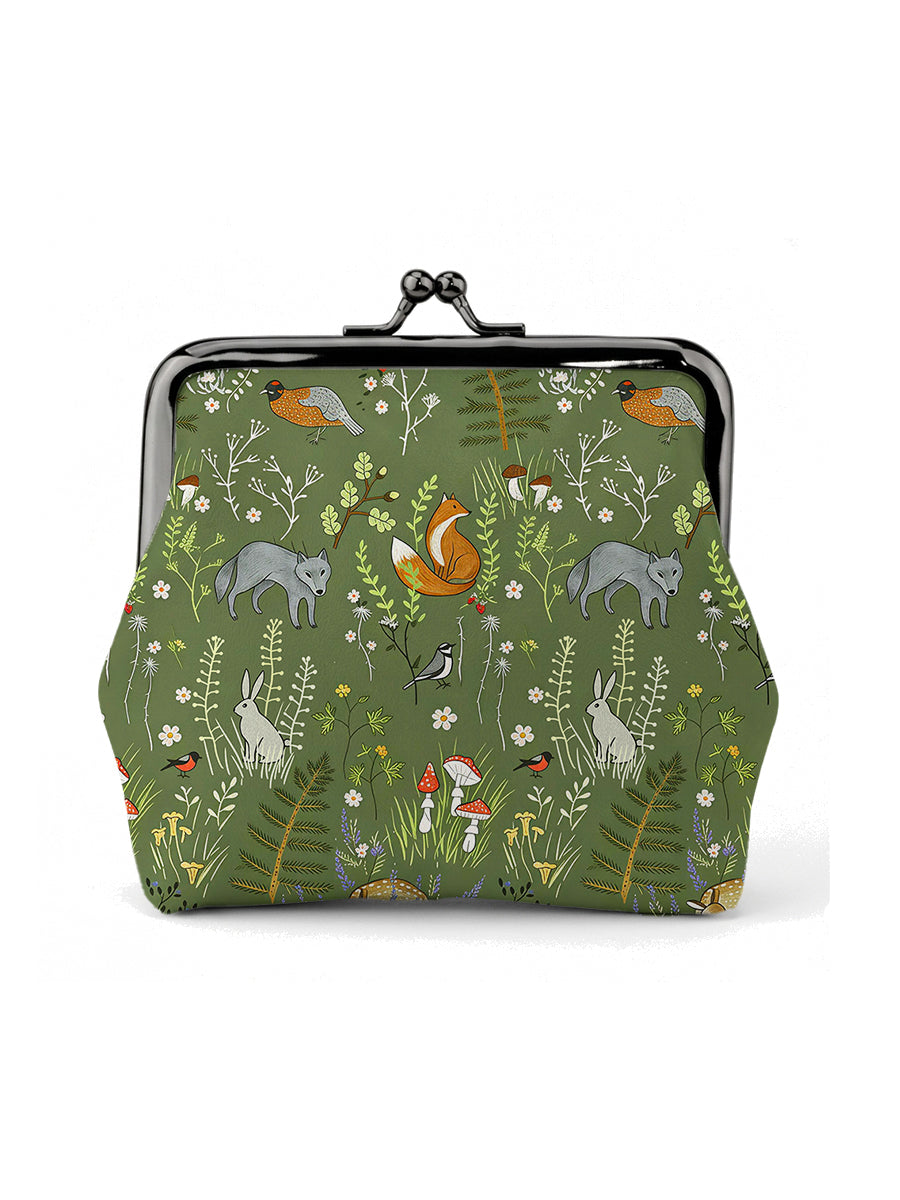Whimsical Woodland Animals Print Leather Mini Clasp Purse