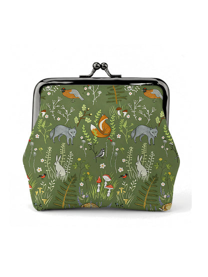 Whimsical Woodland Animals Print Leather Mini Clasp Purse