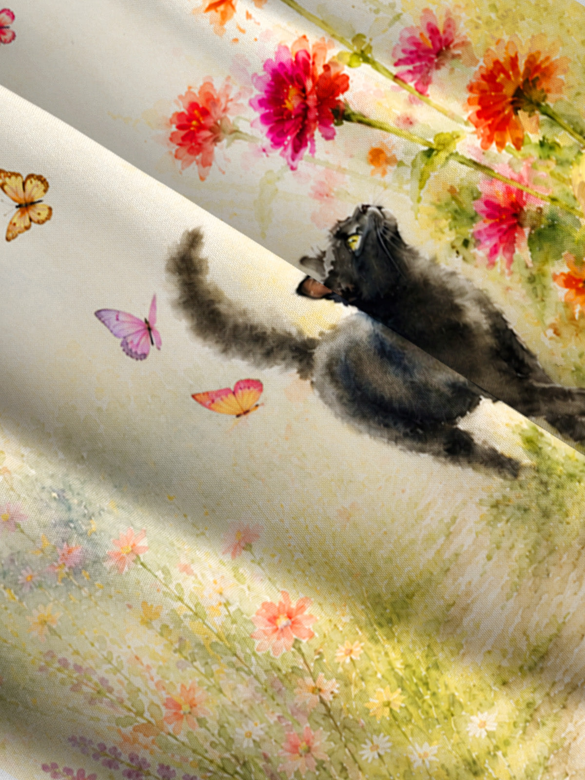 Black Cat in Blooming Garden Watercolor Print Wide Straps Maxi Dress With Pockets