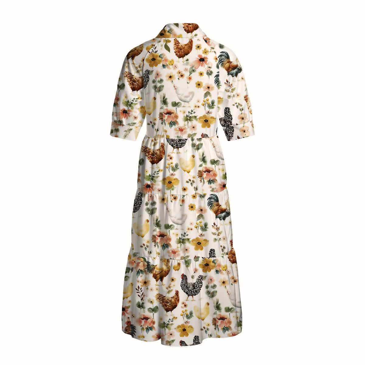 V Neck Collared Watercolor Chicken Floral Print Casual Midi Dress With Pockets
