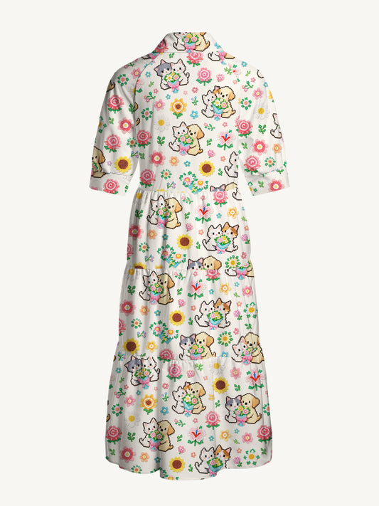 V Neck Collared Perler Bead Flower Cat Dog Print Casual Midi Dress With Pockets