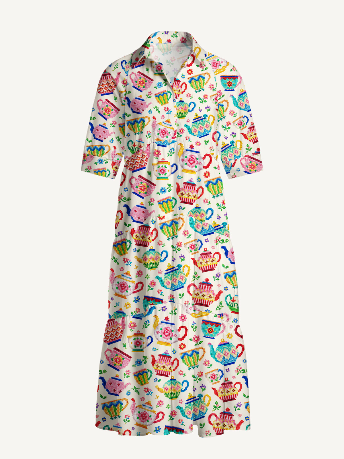 V Neck Collared Whimsical Beaded Teapots Print Casual Midi Dress With Pockets