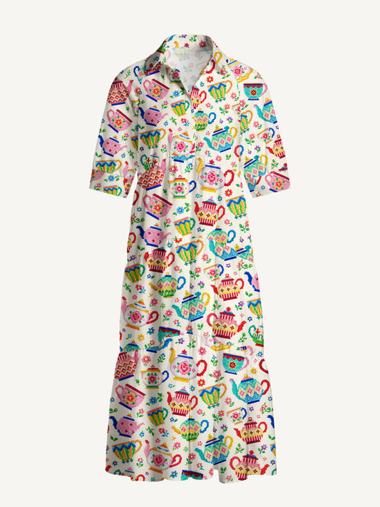 V Neck Collared Whimsical Beaded Teapots Print Casual Midi Dress With Pockets