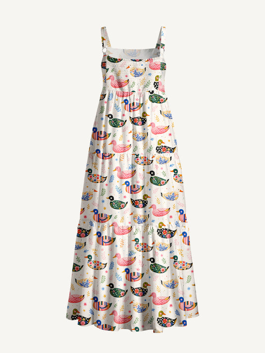 Whimsical Floral Ducks Print Wide Straps Maxi Dress With Pockets