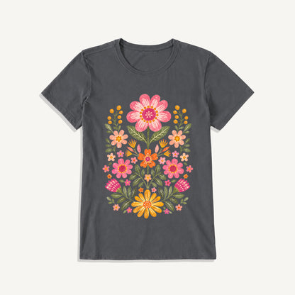 Retro Folk Garden Bloom Print Crew Neck Cotton Tee