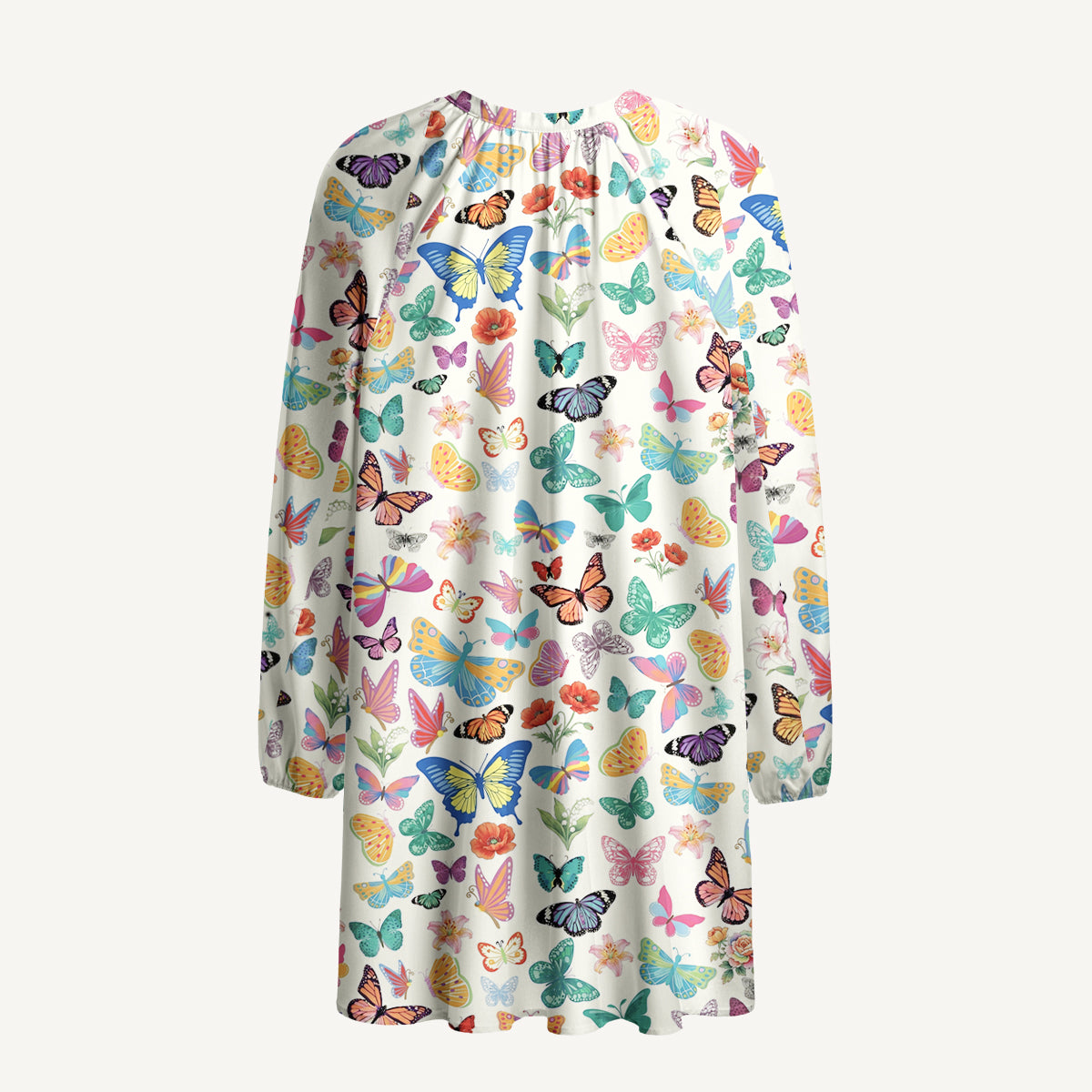Rainbow Butterfly Garden Print Boho Tie‑Neck Smock Mini Dress