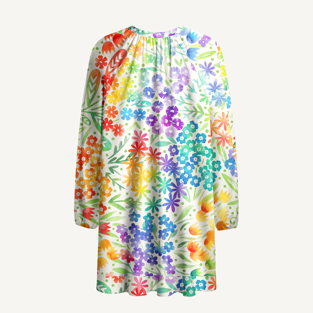 Fun Rainbow Print Boho Tie‑Neck Smock Mini Dress