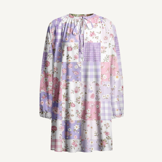 Sweet Cottage Patchwork Print Boho Long Sleeve Tie‑Neck Smock Mini Dress