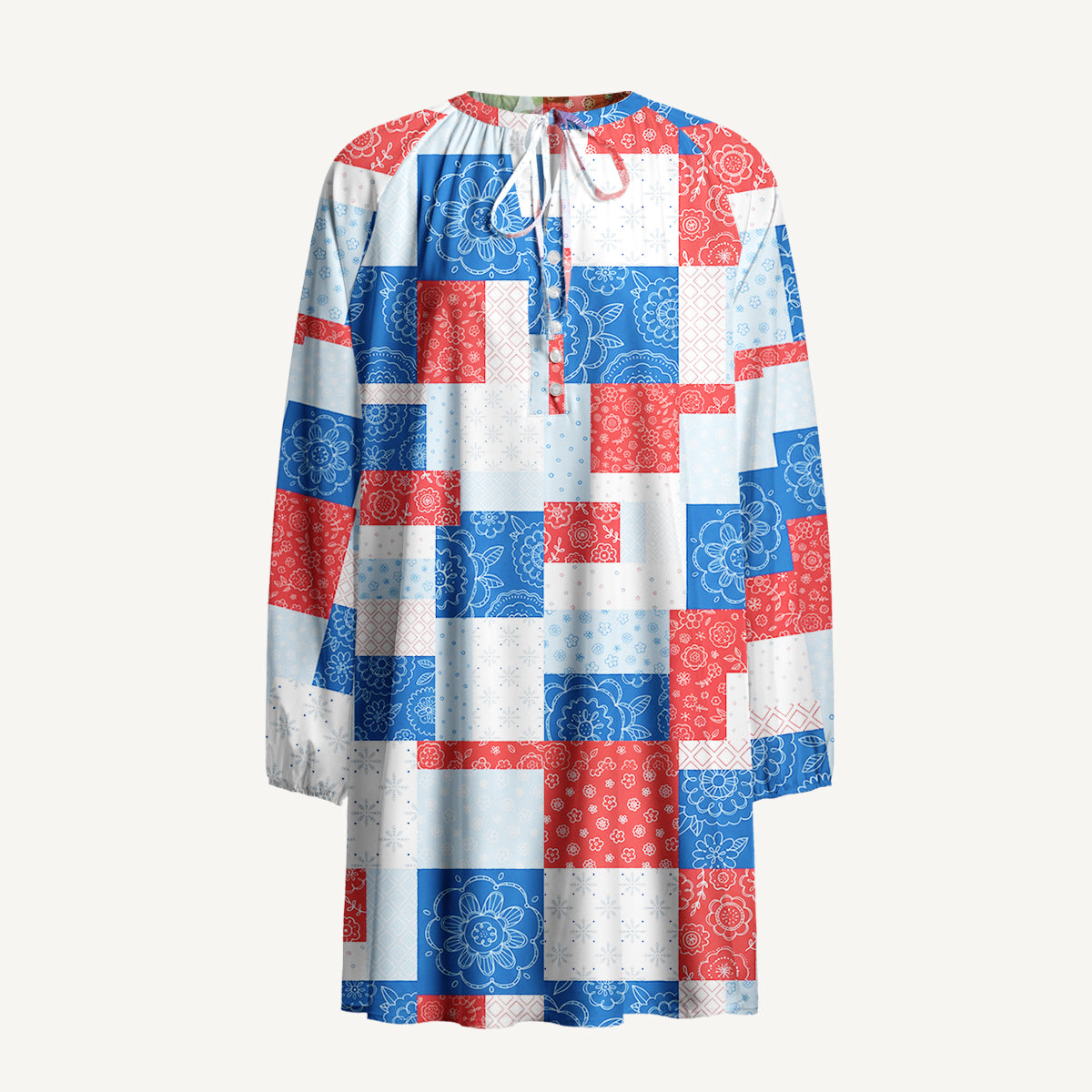 Patriotic Patchwork Print Boho Long Sleeve Tie‑Neck Smock Mini Dress