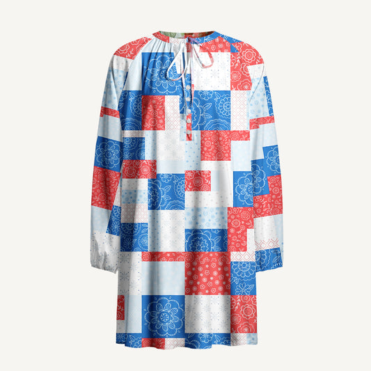 Patriotic Patchwork Print Boho Long Sleeve Tie‑Neck Smock Mini Dress