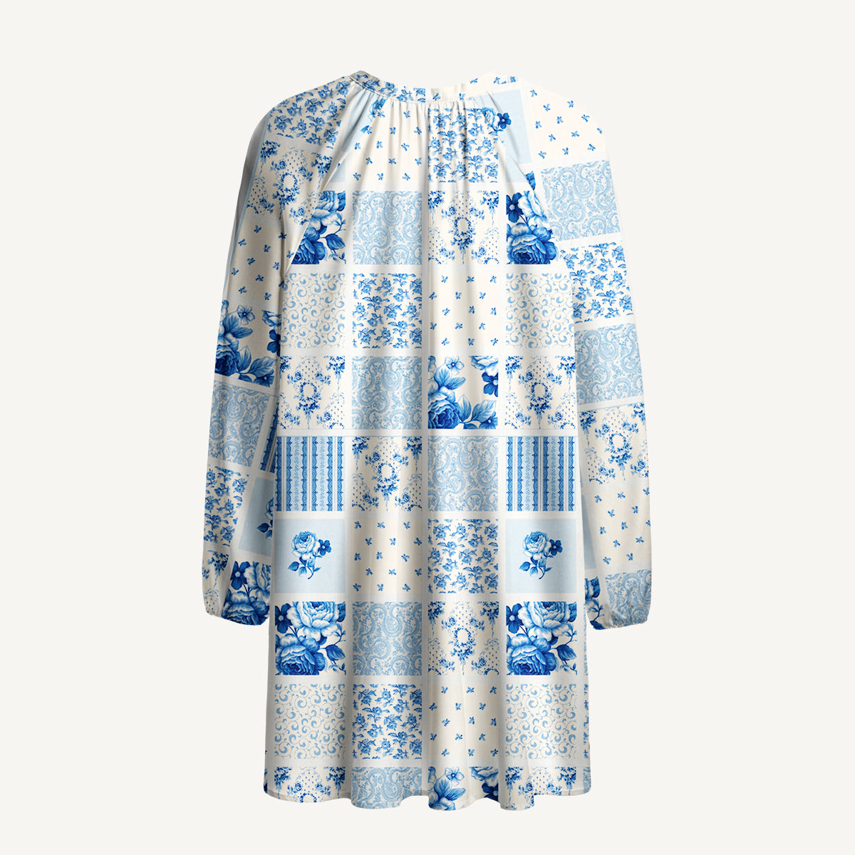 Delft Blue Floral Patchwork Print Boho Tie‑Neck Smock Mini Dress