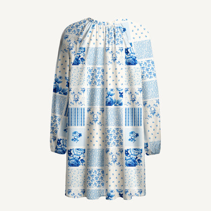 Delft Blue Floral Patchwork Print Boho Tie‑Neck Smock Mini Dress