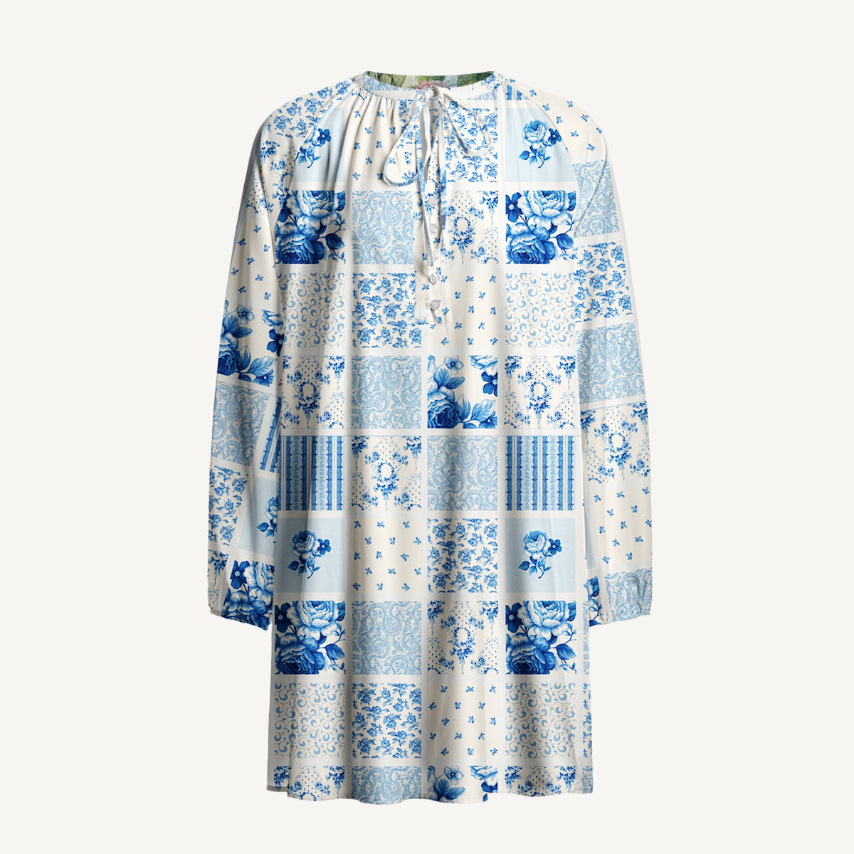 Delft Blue Floral Patchwork Print Boho Tie‑Neck Smock Mini Dress