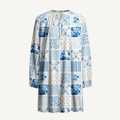 Delft Blue Floral Patchwork Print Boho Tie‑Neck Smock Mini Dress