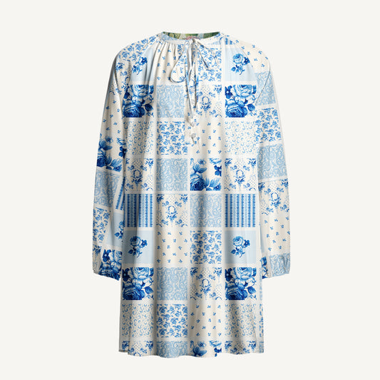 Delft Blue Floral Patchwork Print Boho Tie‑Neck Smock Mini Dress
