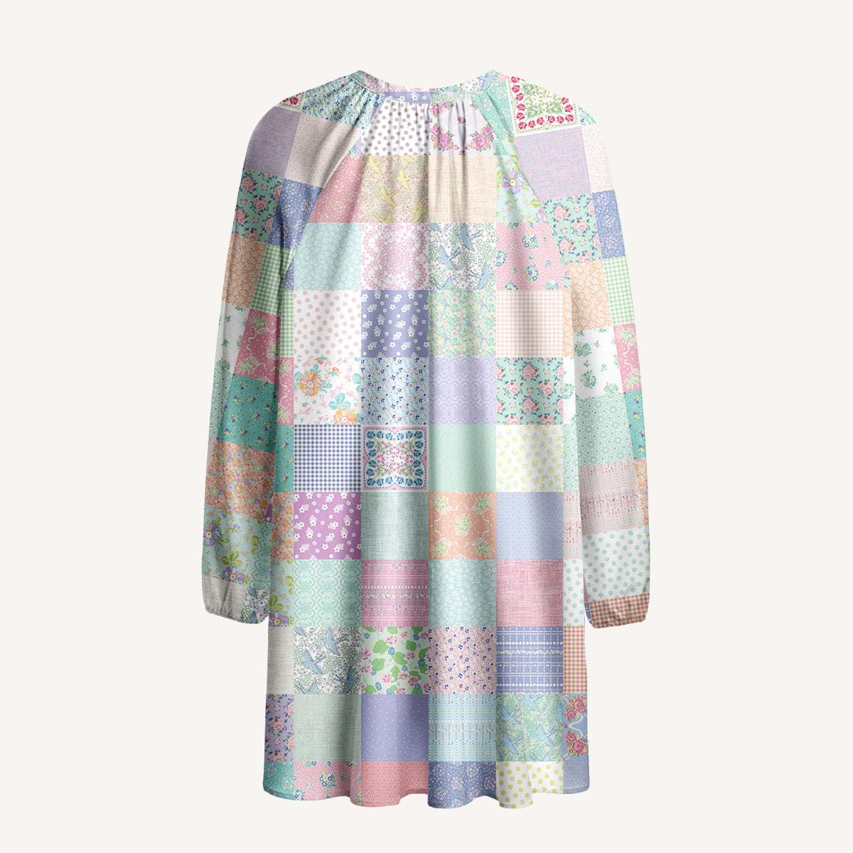 Vintage Quilt Patchwork Print Boho Tie‑Neck Smock Mini Dress