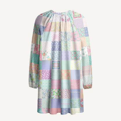 Vintage Quilt Patchwork Print Boho Tie‑Neck Smock Mini Dress