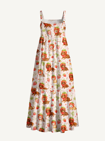 Strawberry-Sweet Puppies and Kittens Print Wide Straps Maxi Dress With Pockets