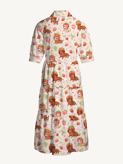 V Neck Collared Strawberry-Sweet Puppies and Kittens Print Casual Midi Dress With Pockets