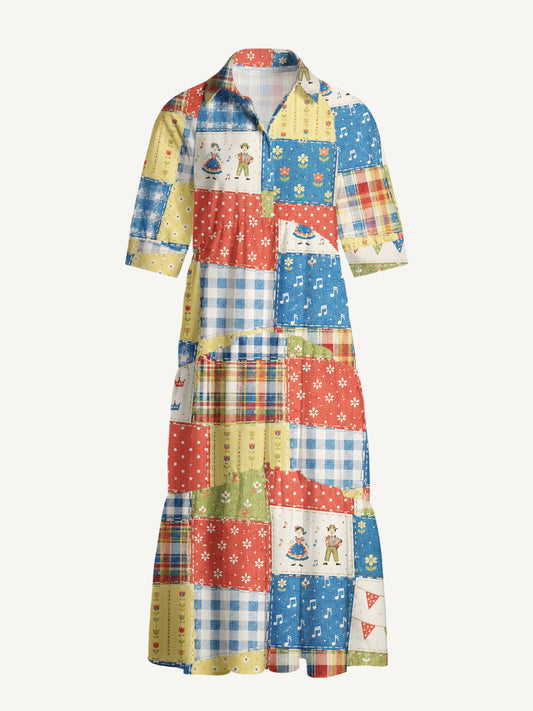 V Neck Collared Vintage Folk Patchwork Print Casual Midi Dress With Pockets
