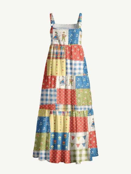 Vintage Folk Patchwork Print Wide Straps Maxi Dress With Pockets