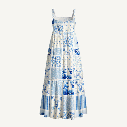 Delft Blue Floral Print Wide Straps Maxi Dress With Pockets