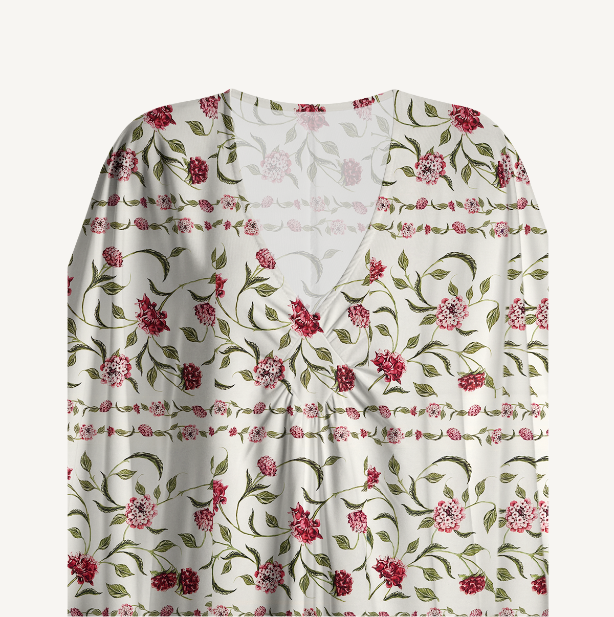 V‑Neck Red Floral Kimono Sleeve Kaftan Dress