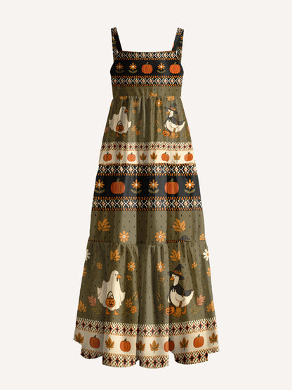 Witchy Goose Halloween Print Wide Straps Maxi Dress With Pockets